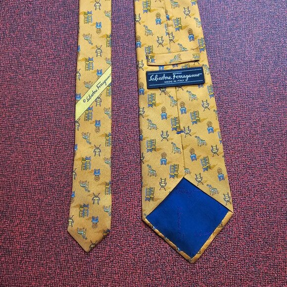 Salvatore Ferragamo Orange Silk Tie Novelty Chair Print Made In Italy Designer - Picture 4 of 8